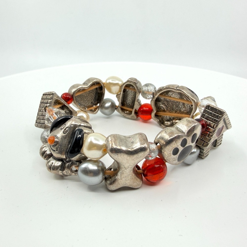 Puppy Love Dog Theme Charm Bead Bracelet Silver-Tone Multi-Color Novelty Gift